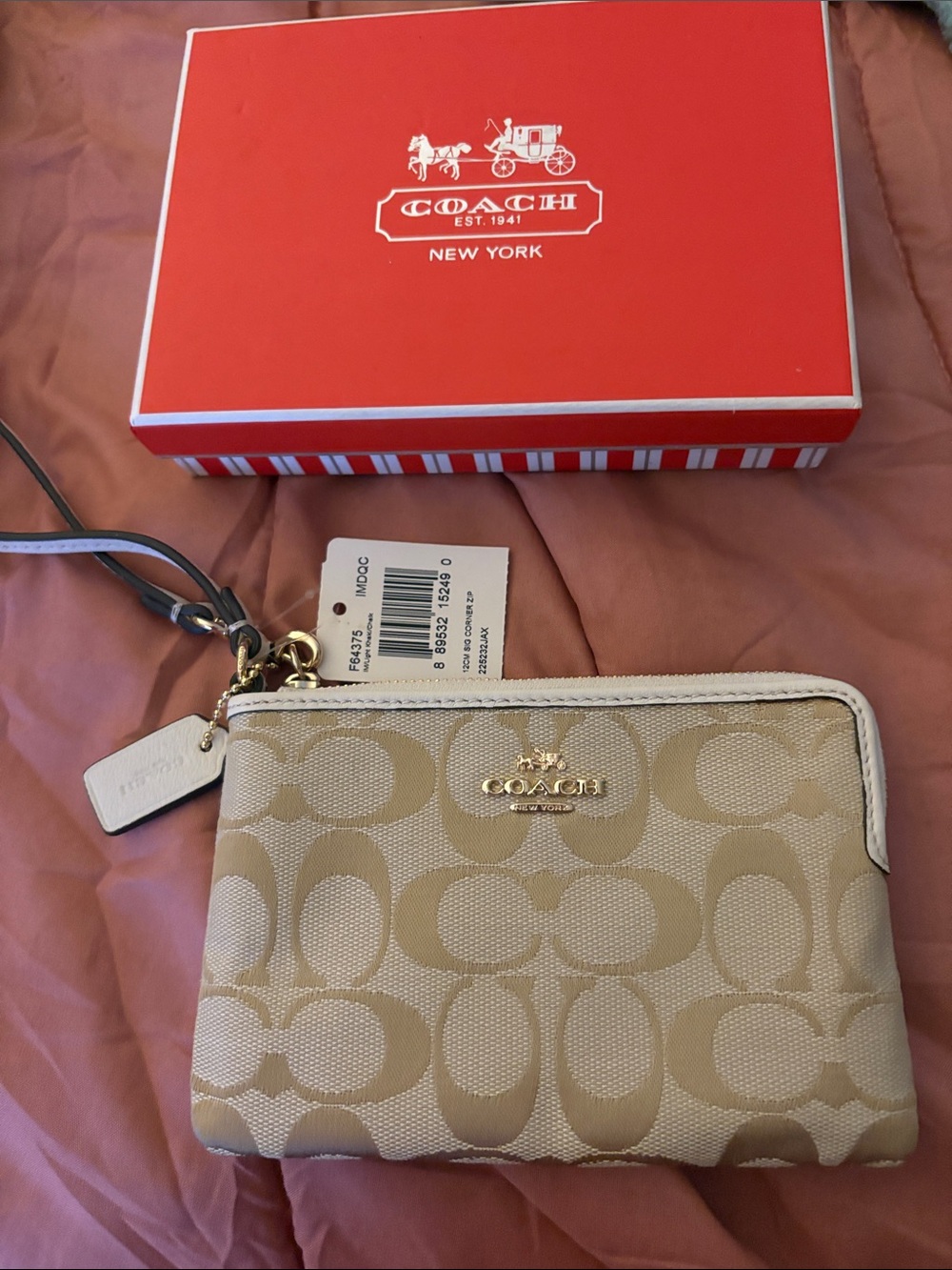 Coach Beige Signature Zip Wristlet with Gold Hardware